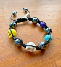 NEW Multi Carved Skull Woven Bead Bracelet - black, multi - expander pull braid