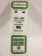Evergreen # 189  Styrene Strip  .125 x .250 (5) A Scale