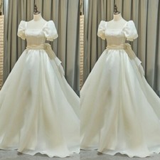 Princess Wedding Dresses Square Neck Short Sleeves A Line Train Bridal Gowns