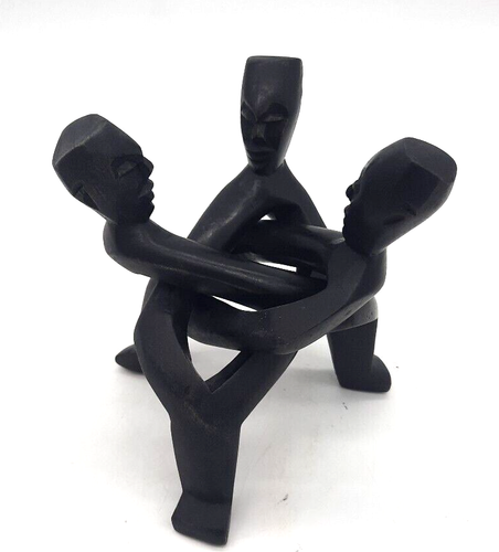 Vintage Black Hand Carved Wooden African Trio Of Men Circle Of Unity Sculpture - Picture 2 of 8
