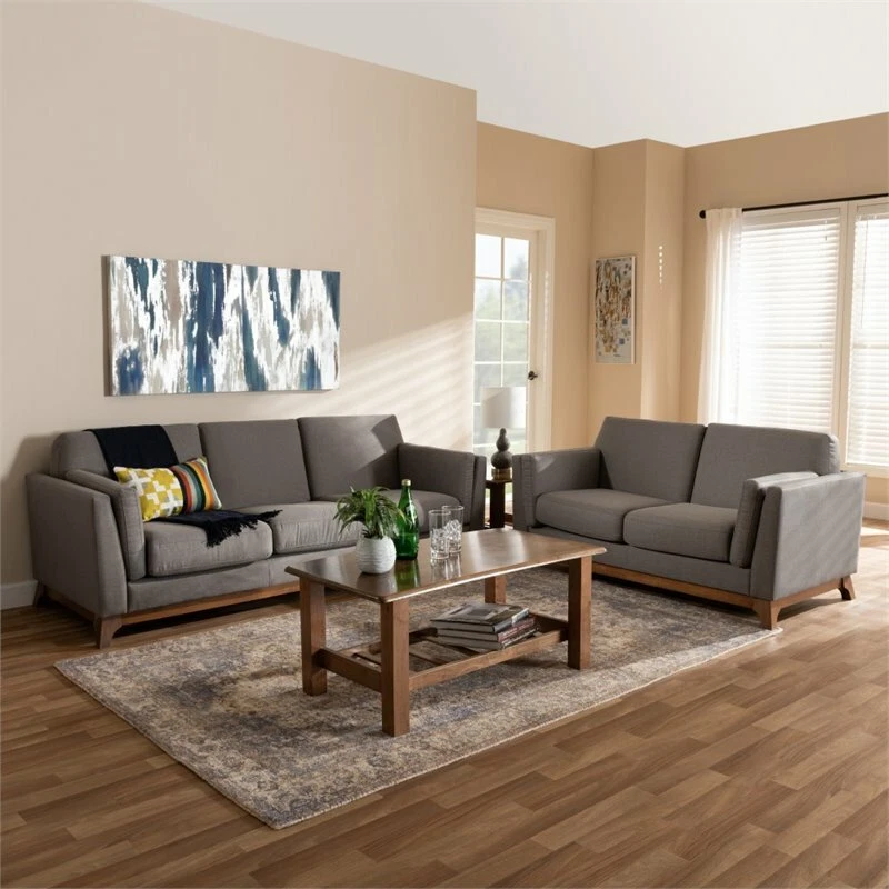 Baxton Studio Sava 2 Piece Fabric Sofa Set in Grey and Walnut eBay