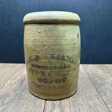 JAS BENJAMIN STONEWARE DEPOT CROCK CINCINNATI OHIO  Glazed Blue Writing