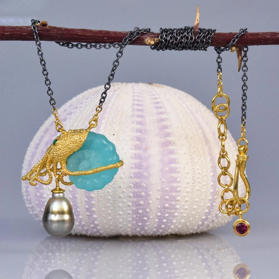 Halskette Nautilus Octopus Chalzedon Tahitische Pearl Gold Vermeil Sterling - Bild 4 von 4