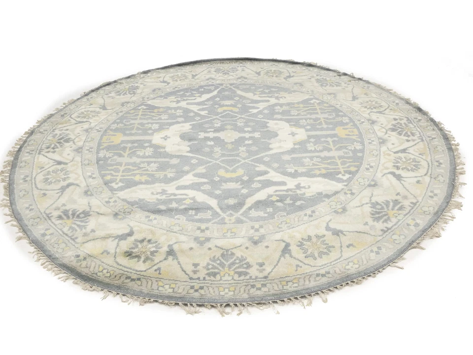 Hand-Knotted Gray Oushak Round Oriental Rug Floral Bedroom Home Decor 9X9 ft - Image 3 of 4