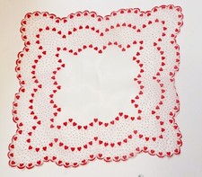 Vintage Sheer Valentine Handkerchief Raised Red Hearts Scalloped 14" Hanky