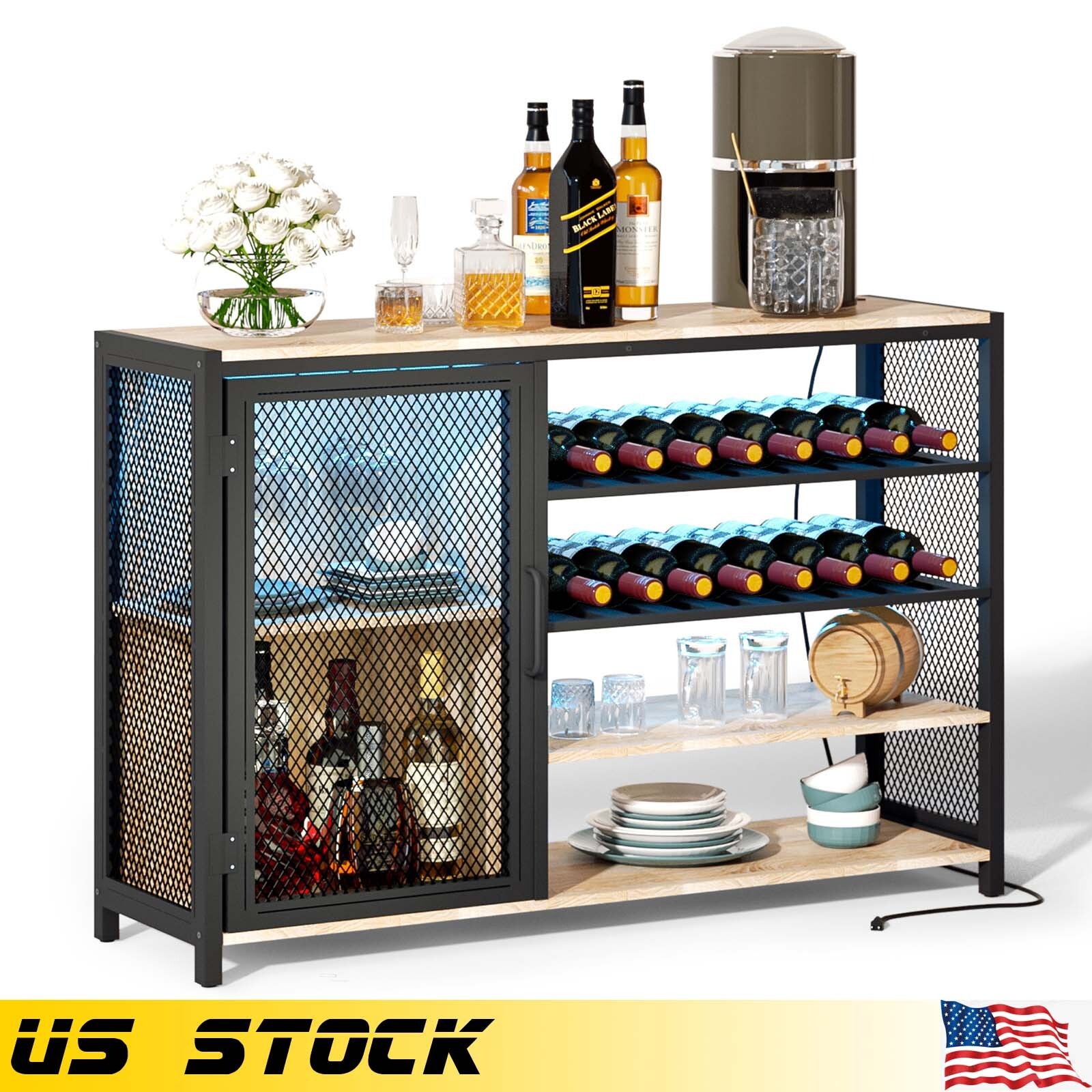 Wine Bar Cabinet Liquor Cabinet Home Cupboard Storage with LED ＆ Power Outlets