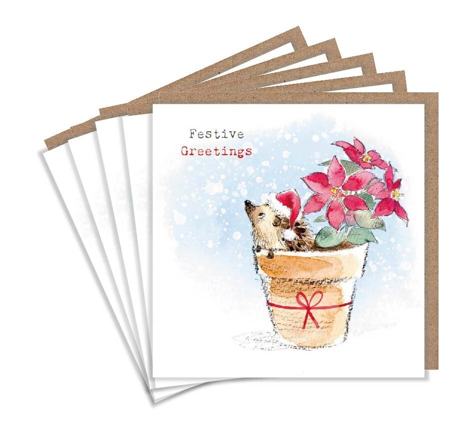 Christmas Cards Pack of 5 Festive Hedgehog – Potted Poinsettia Xmas Cards