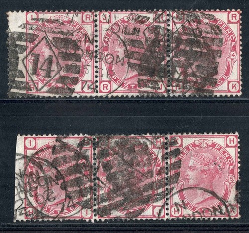 GB QV 3d Rose – 2 Used Strips of 3 (6) – SG 143/158 – Numerals + CDS