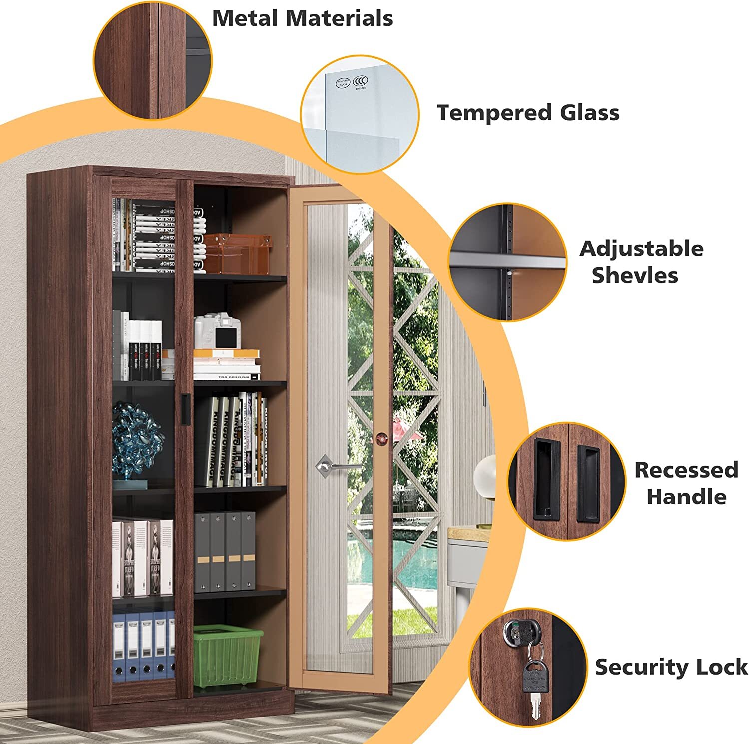 Glass Display Storage Bookcase with 4 Adjustable