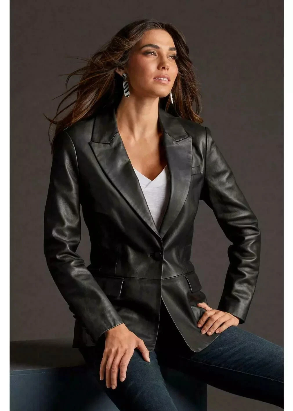 DESIGNER Women's Black Leather Blazer 100% Real Lambskin Leather OneButtonBlazer
