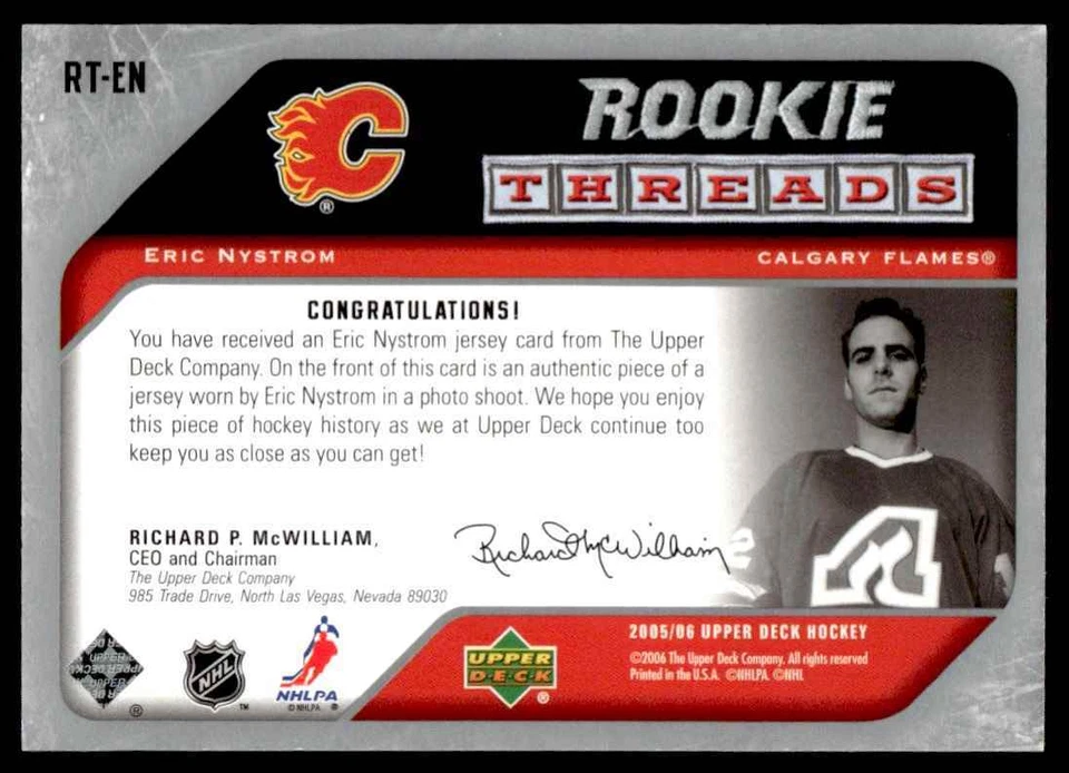 2005-06 Upper Deck Rookie Threads Eric Nystrom Calgary Flames #RT-EN - Image 2 of 2