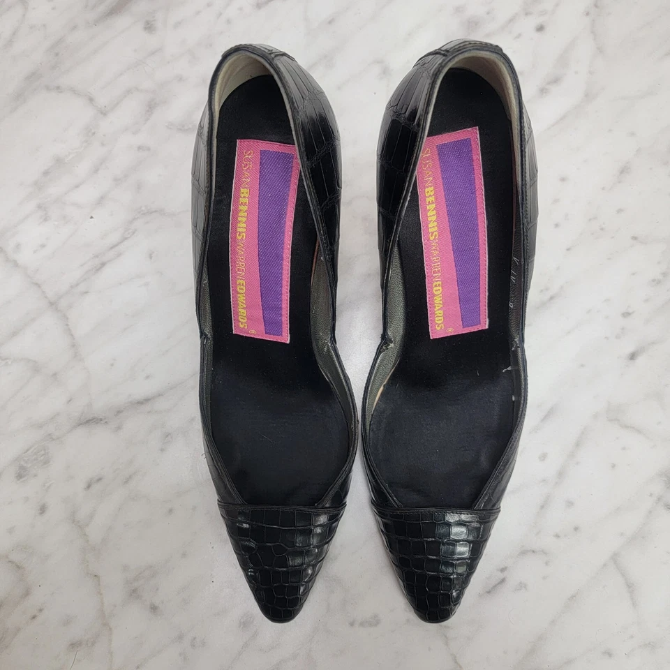 Zapatos de salón para mujer 8 M Susan Bennis Warren Edwards tacón alto negro cocodrilo Foto 4 de 4