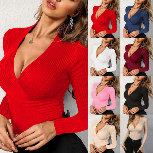 Sexy geripptes T-Shirt Damen V-Ausschnitt Halstopf Damen Langarm schmale Passform Bluse - Bild 1 von 15