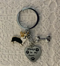 Black Tan White Tri Corgi Metal Charms Keychain Always In My Heart Brand New