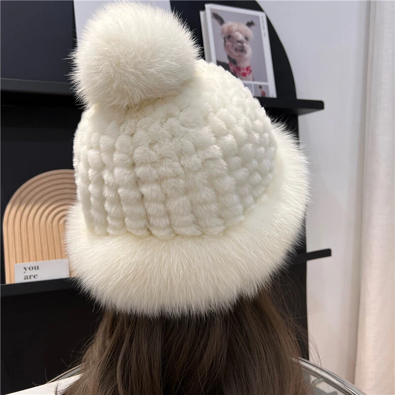 Winter Women Warm Rex Rabbit Fur Fox Fur Hat Outdoor Fluffy Knitted Hat Cap - Image 3 of 4