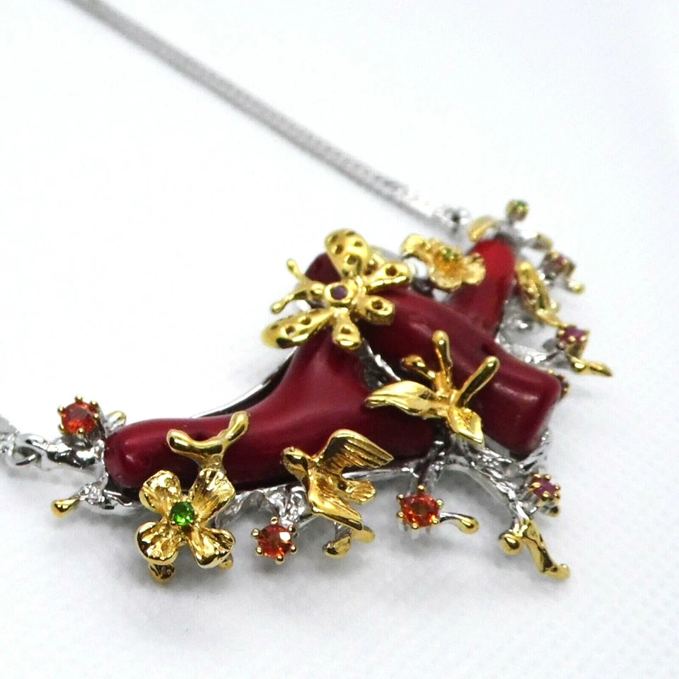 Koralle Saphir Rubin Smaragd Collier  925 Silber 585 Bicolor vergoldet 50 & 3 cm - Bild 3 von 4