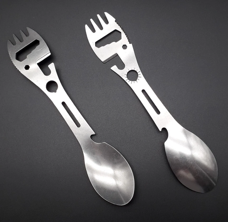 URSUZ 2x Spork Göffel Edelstahl Multitool Campingbesteck Gabel Löffel EDC Bushcraft