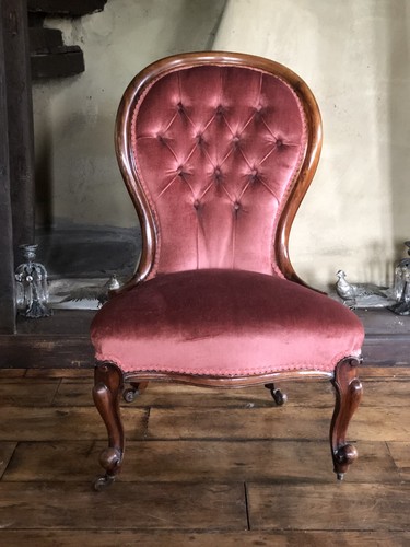 Antique Original Period Walnut Rose Pink Reading Lady's Nursing Fireside Chair - Picture 2 of 11