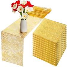 12 Pieces Gold Table Runner 11 x 84 Inch Metallic Thin Mesh Runner Roll Recta...