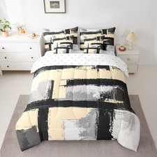 Beige Black Grey Abstract Comforter Set with Sheets Moder Abstract Art King Size