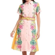 Tahari Short Sleeve Midi Shirt Dress Printed Belted Floral Eternity Pink Womens