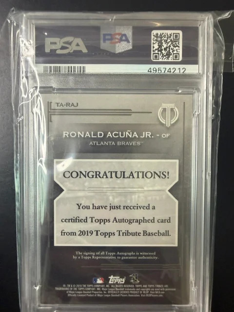 2019 Topps Tribute Autographs Ronald Acuna JR. Blue #TARAJ PSA A Auto 9 view 2