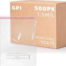 - Pack of 500 12" X 15" Clear Self Seal Poly Bags, 1.5 Mil - Resealable Polybags