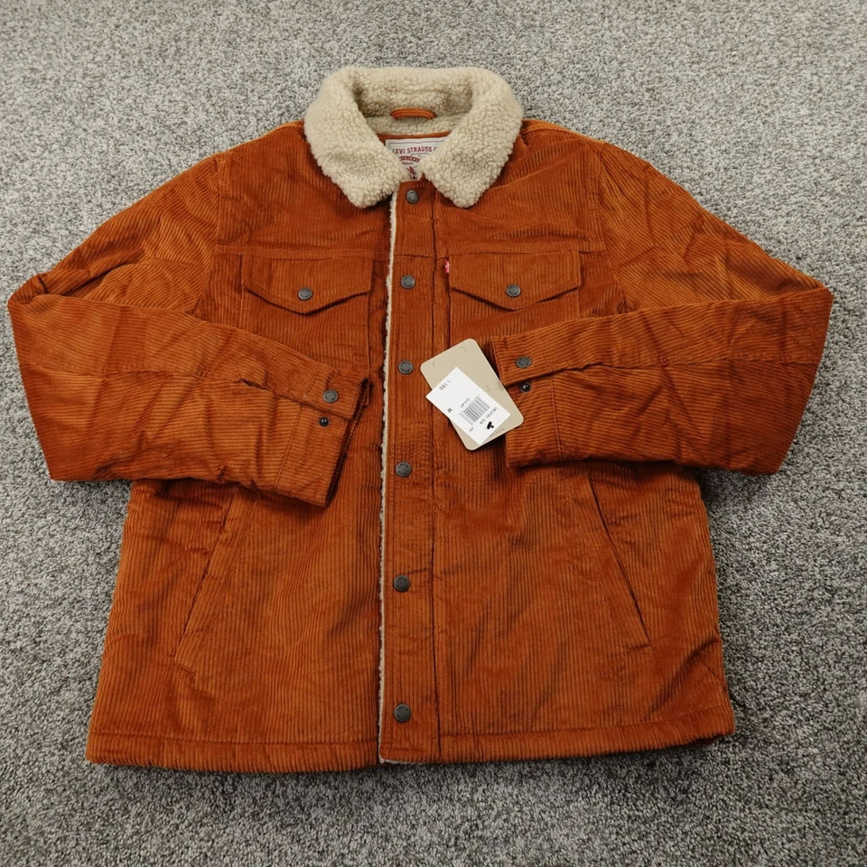 NUEVA Chaqueta Levis Para Hombres M Marrón Naranja Pana Sherpa Forrada Camionero Abrigo con Cremallera a Presión Foto 2 de 4