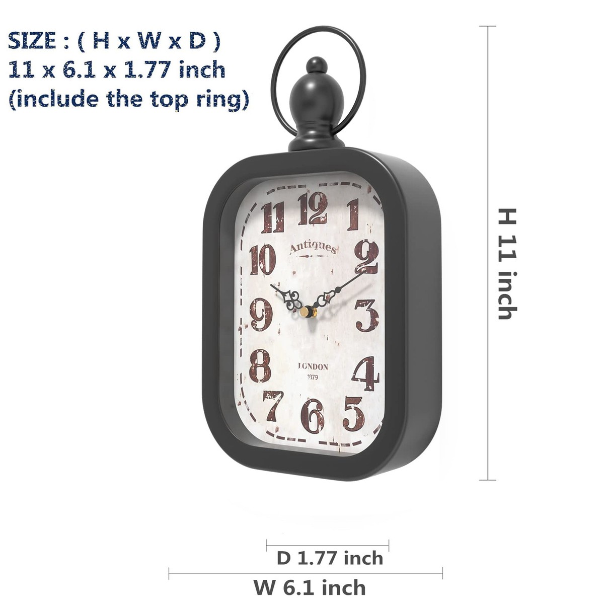 Small Retro Rectangle Wall Clock, Black Antique Vintage Style