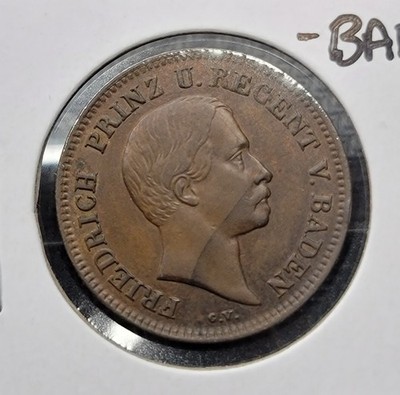 High Grade German States - 1856 Baden 1 Kreuzer -Fredrick I - AU+ grade - Copper