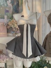 Summer New Vintage Elegant Woman Dress Strapless Bow Patchwork High Waist Puffy 