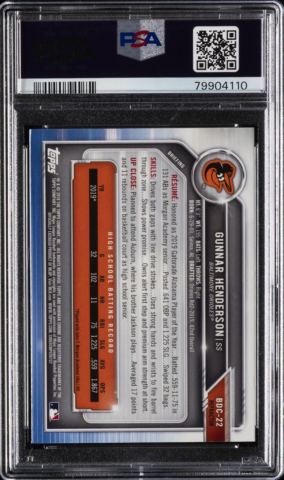 2019 BOWMAN DRAFT CHROME-REFRACTOR #BDC22 GUNNAR HENDERSON PSA 10 view 2