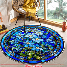 Non-Slip Machine Washable Round Mat - Vibrant Blue Green Floral Design, Durabl