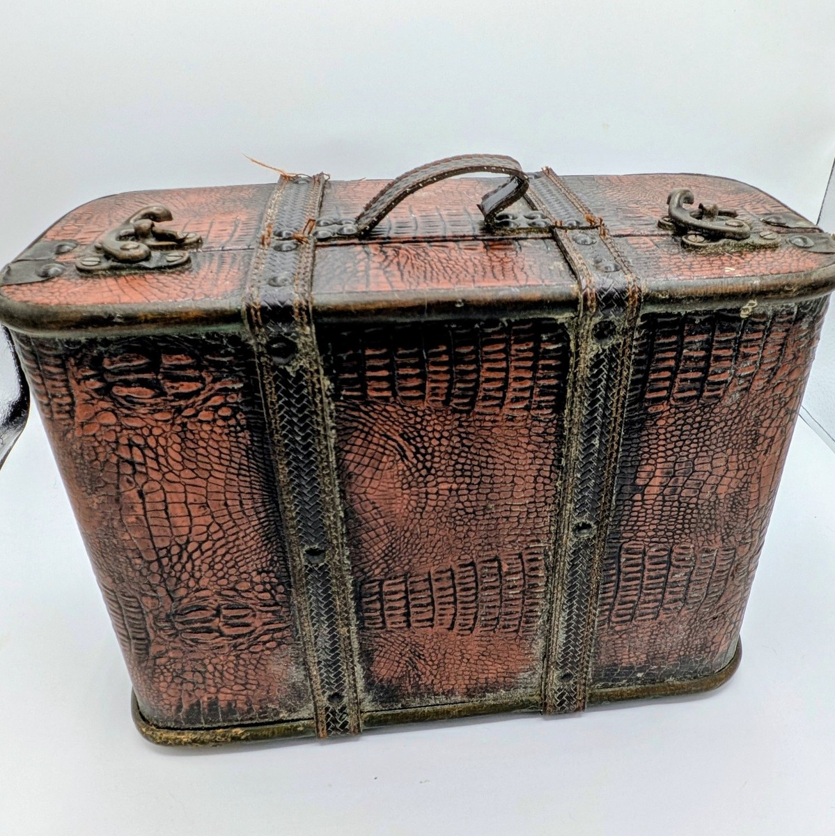 琺瑯ケース　ヴィンテージケース　大 13x9x6 Inch Vintage Brown Leather Alligator Croc Skin Case Small