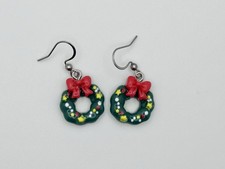 Christmas Wreath Earrings with Red Bow  Winter Holiday Christmas Earrings