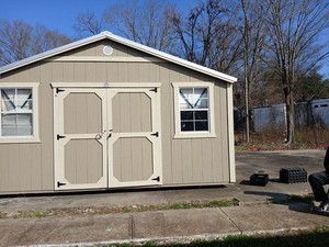 Derksen Beige Garden Shed Wood Metal Roof Double Doors Windows AC Opening