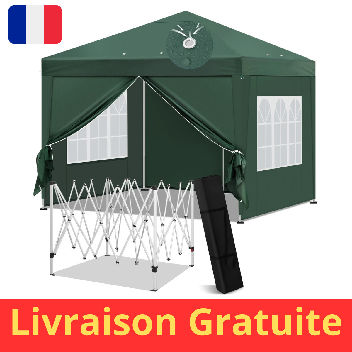 Tonnelle pliante 3x3m imperméable avec parois et sac de transport blanc