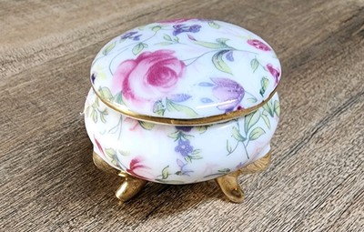 Vintage Lefton China Delicate Ring Box 2'' B141 Roses Gilt Legs Japan 