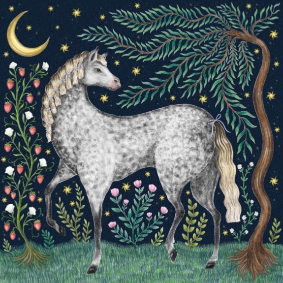 Moonlight Mare Grey Dappled Horse Art Blank Greeting / Birthday Card Moon Rowe