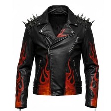 Men’s Black Flame Print Studded Punk Rock Motorcycle Biker Brando Cowhide Jacket