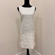 Halston Bone Shimmer Linen Blend Sleeveless Bateau Shift Dress Pockets L