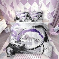 Purple Comforter Set 7 Piece Bed in a Bag Twin,Gradient Black White Grey Abst...