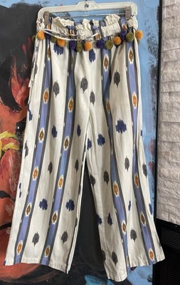 Anthro Ollari Pom Pom Wide-Leg Trousers XS Ivory Hi Rise Linen Blend Wide Leg