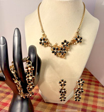 Vtg Coro Necklace, bracelet & earrings set Black & Gold floral w rhinestones