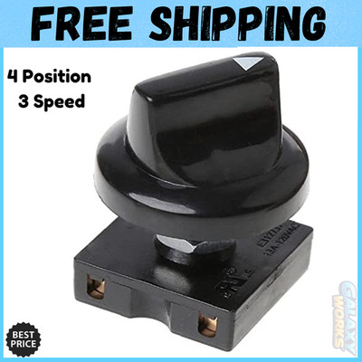 Black Fan Rotary Switch 4 Position 3 Speed Selector Switch Governor with Button