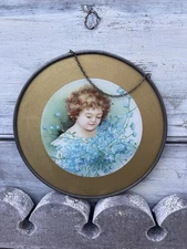 Vintage Chimney Flue Cover Girl W Blue Flowers