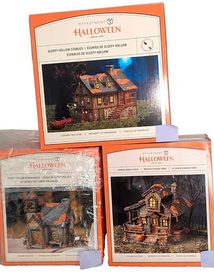 Dept 56 Sleepy Hollow Stables, Schoolhouse Building, Ichabod Crane Home Set of 3