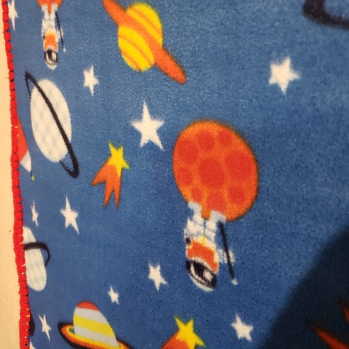 Project Linus Fleece Blanket 44”x36” Crochet Red Trim Space Ship Rockets Planets - Picture 8 of 8