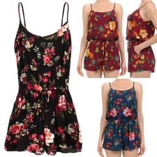 Women's Floral Print Sleeveless Adjustable Cami Romper with Pockets S M L