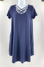 NWT Zenana Premium Navy Blue Stretch Dress Strap Front Short Sleeve Pockets Sz L